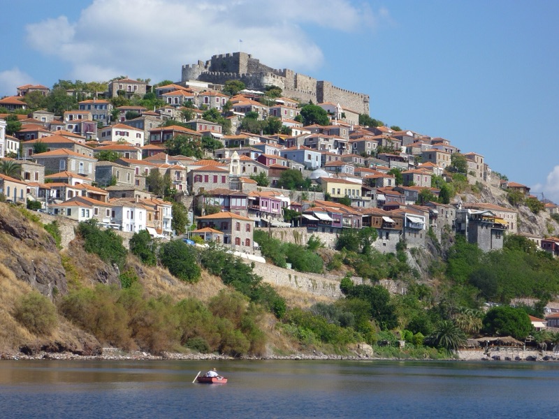 Hillside village of Molyvos and its castle above the sea, Lesvos, Greece