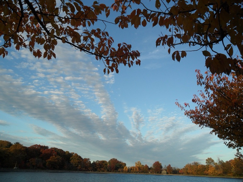 Autumn trees around the reservoir at Reservoir Park, Brookline, Massachusetts
