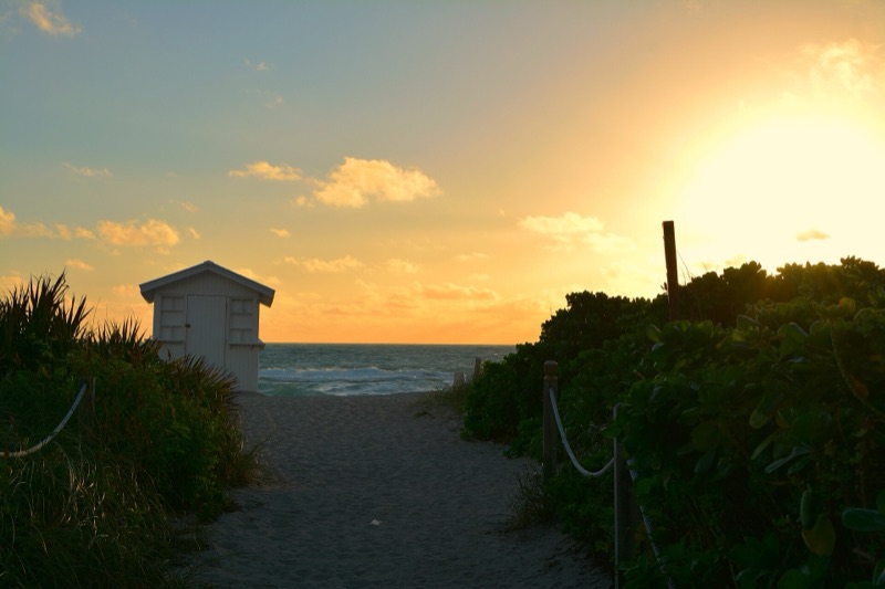Sunrise over a sandy beach path in Miami Beach, Florida
