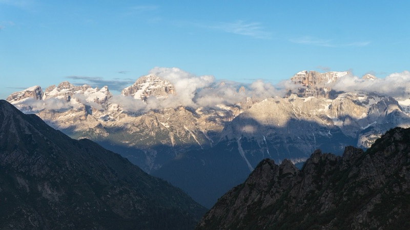 Brenta Dolomites in evening light above Val Nambrone, near Pinzolo, Trentino