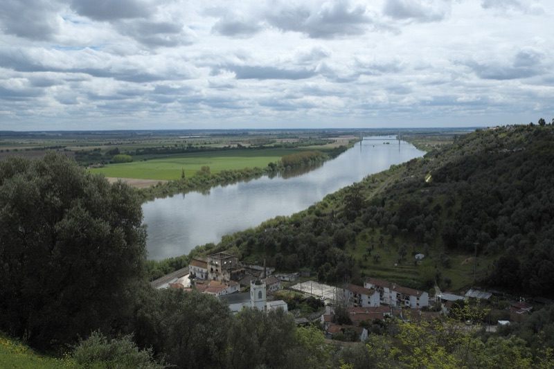 The Tagus River winding through the Ribatejo plain below Santarém, Portugal
