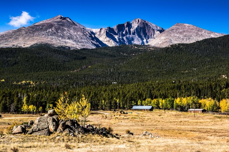Mount Meeker and Longs Peak above golden aspens near Allenspark, Colorado