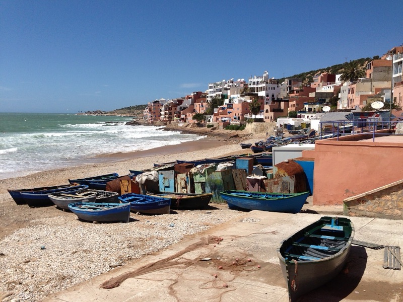 Blue fishing boats in Taghazout, Morocco